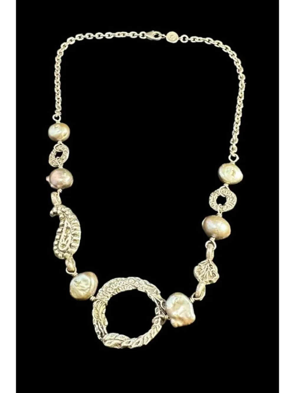 Necklace Signed Liza Shtromberg Sterling Silver Baroque Pearl Oval Chain Link